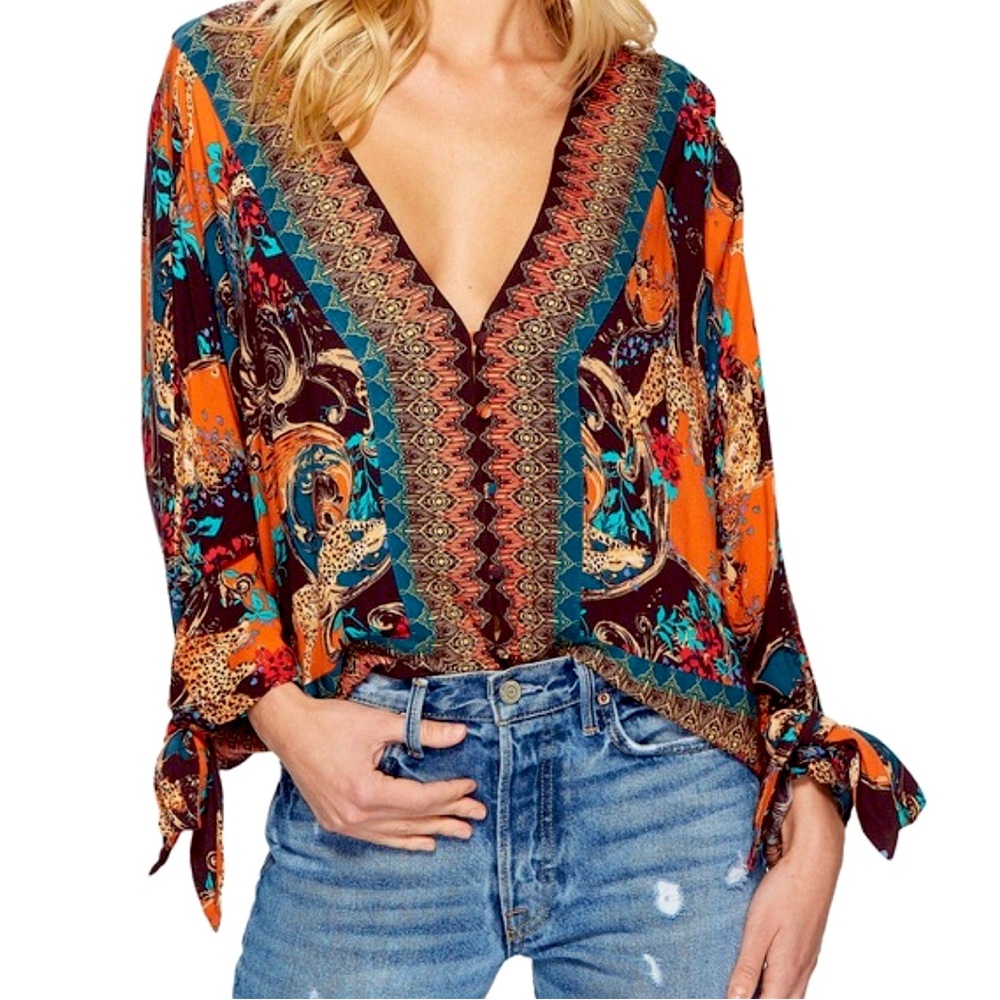 Free People Bohemian V-Neck Printed Blouse in Orange, Teal, Burgundy